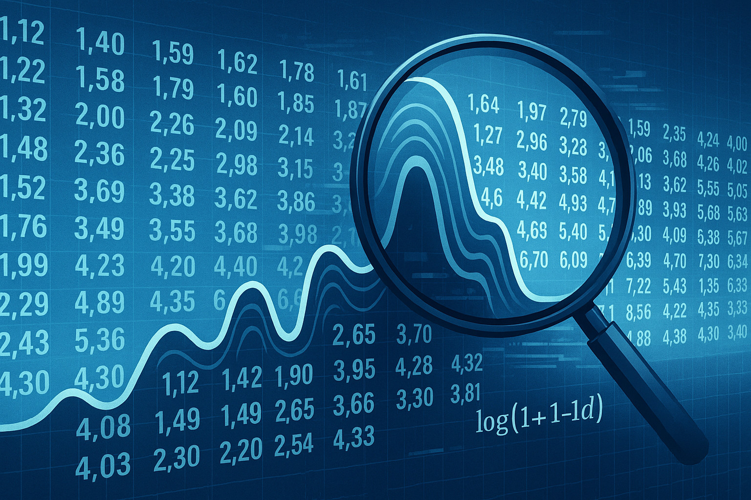 Benford's Law Analysis - A magnifying glass inspecting a data curve to find anomalies.